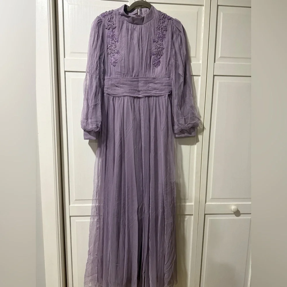 Lavender Long-Sleeve Maxi Dress with Sheer Overlay like size 12 Size 44 - Picture 1 of 11